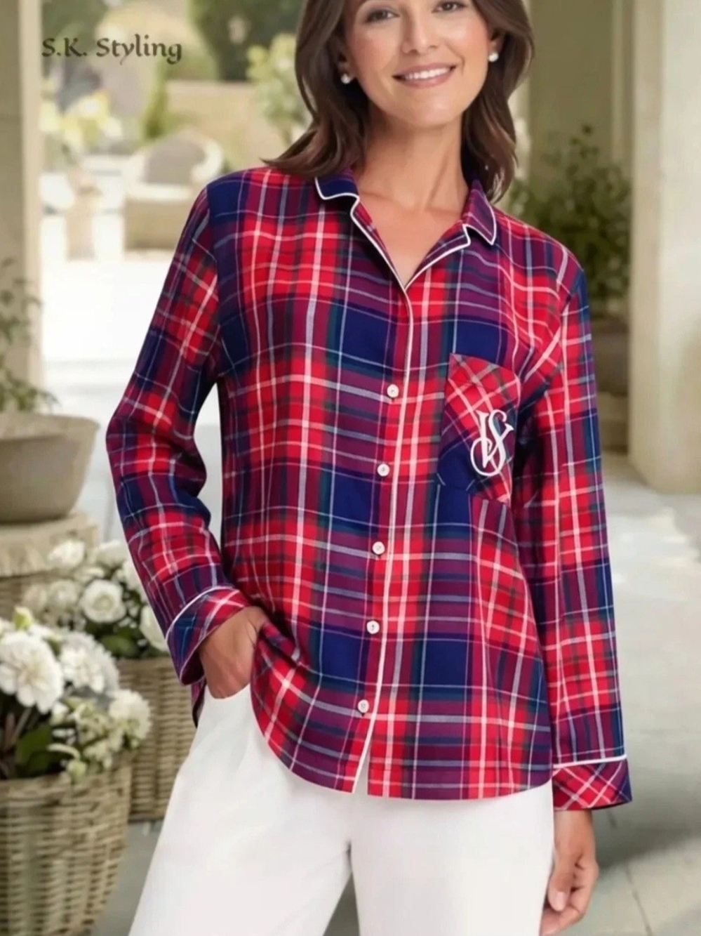 Victoria's Secret Red & Navy Plaid Button Up Pajama Top Cotton Modal size Small